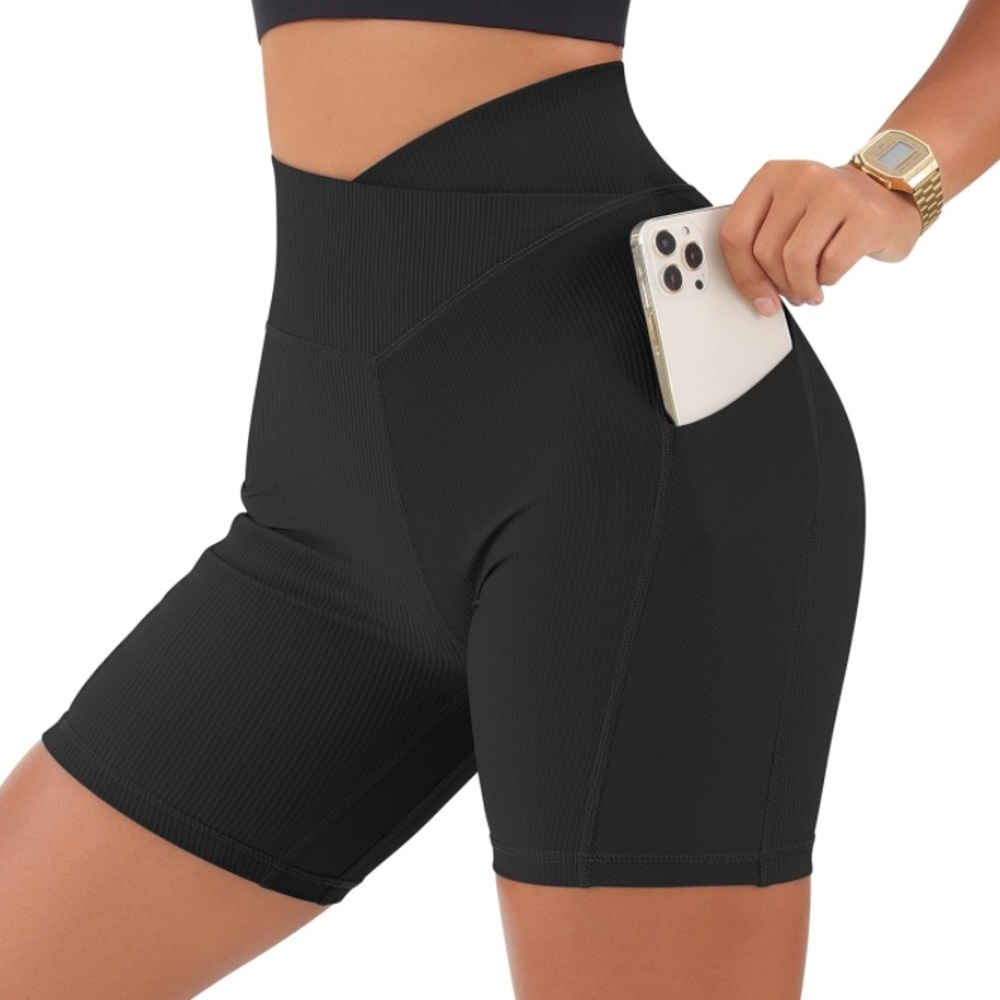 Ribbed Seamless Cross Waist High Waist Workout Yoga Biker Shorts with Pockets